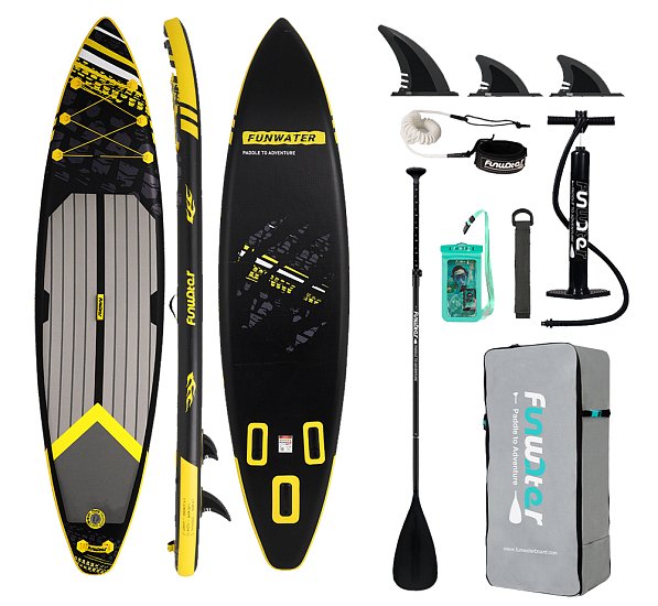 Paddleboard 350x84x15 cm tartozékokkal fekete és sárga színben